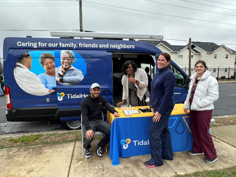 TidalHealth community wellness team members use the new Wagner Wellness Van to provide health screenings and outreach in Seaford. Shown are (l-r) Brantdy Chavez, community health worker; registered nurses Nancy Cannon and Katie Sabater; and Salisbury University nursing student Cassidy Birch. SUBMITTED PHOTO